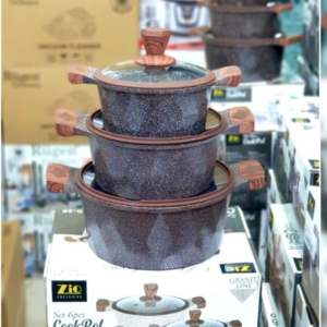 ست قابلمه زیو ترکیه مربعی 6پارچه 3بعدی سایزبندی 16-18-20 نانو گرانیتی درب پیرکس