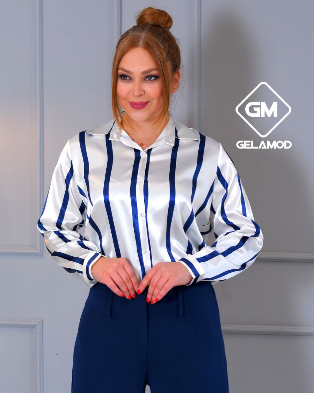 شومیز ساتن طرح راه دار