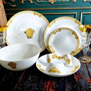 سرویس ۲۸ پارچه ۶نفره غداخوری طرح گرد ورساچ طلایی درجه یک